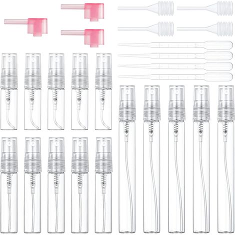 Lot de 15 mini flacons pulvérisateurs vides en verre transparent avec pipettes et tête de pressage pour parfum, liquide de soins personnels, cosmétiques, 3 ml/5 ml/10 ml (1/5)
