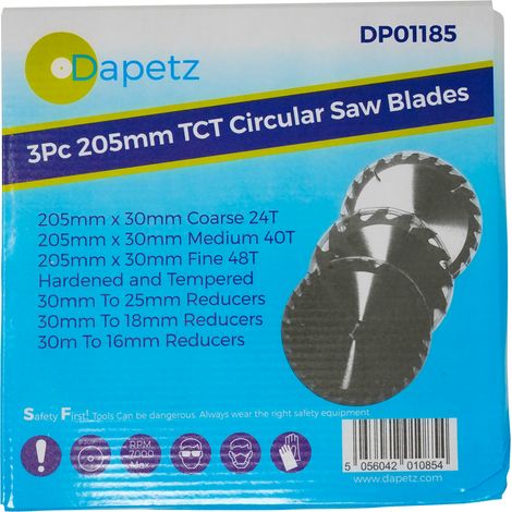 Dapetz ® TCT Circular Wood Fine Cut Saw Blade 205mm x 30mm Bore 24, 40 & 48 Teeth Mitre Hardened Tempered Fits A Multitude of Circular Saws 3Pcs (1/5)