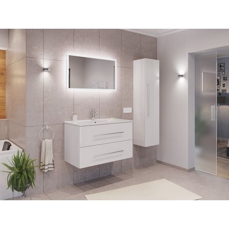 Badmöbel Set Firenze 90 3tlg. LED Spiegel und Hochschrank weiß hochglanz