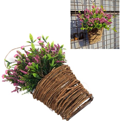 Cesta colgante decorativa para puertas y ventanas, de hasta 35 cm, con flores artificiales en rosa fucsia brillante, estilo rústico, ratán resistente y tela no tejida, lista para armar.