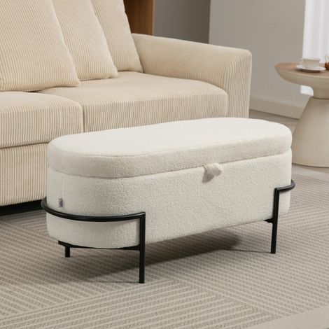 Tabouret de rangement, pouf avec couvercle et espace de rangement, pieds en acier, tabouret rembourré avec revêtement en polaire, blanc crème (1/5)