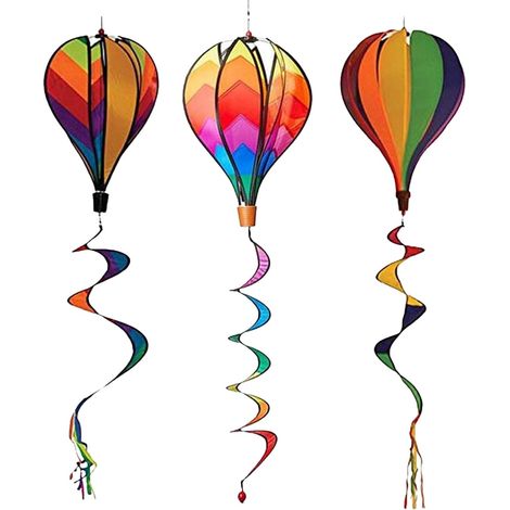Juego de 3 coloridos molinos de viento con globos aerostáticos en espiral, decoraciones colgantes para jardín al aire libre, adornos para fiestas y paisajismo de césped, patrones de rayas, ondas