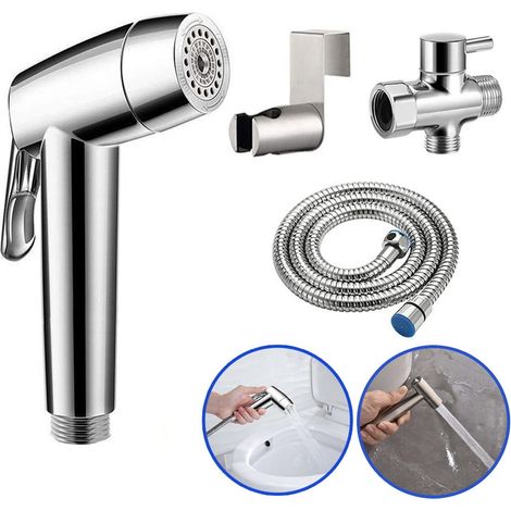 Sprayeur Bidet Portable - Robinet Dérivateur Inclus - Montage Mural ou Sur Toilette - Acier Inoxydable et ABS - Pour Hygiène Personnelle, Nettoyage de Couches, Animaux et Toilettes - 1 Pièce (1/5)