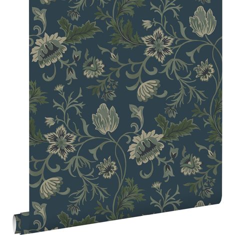 papier peint fleurs vintage bleu foncé et vert - ESTAhome (1/5)