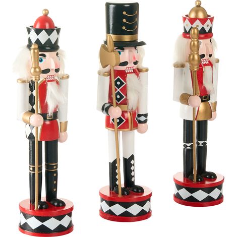 Conjunto de 3 figuritas decorativas de cascanueces de madera de pino con boca que se abre hecha a mano blanco/rojo Ricklean