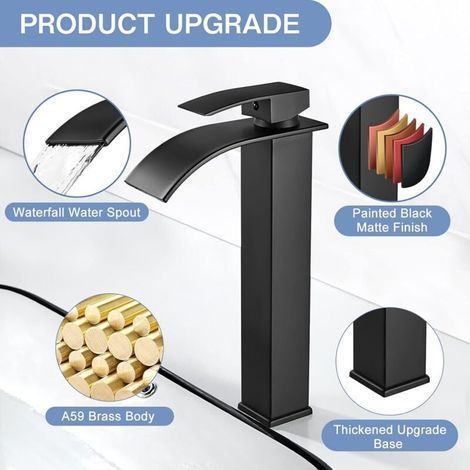 robinet de salle de bain cascade noir, robinet cascade haut noir moderne, robinet mitigeur de lavabo, robinet carré en laiton (1/4)