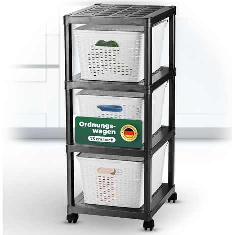 Novaliv chariot roulant 4 niveaux avec panier en rotin blanc, étagère de salle de bain cuisine de salle de bain, chariot de rangement chariot latéral