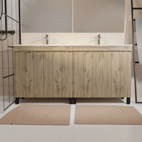meuble de salle de bains 120cm 4 porteschêne naturel + vasque céramique blanche - timber 120
