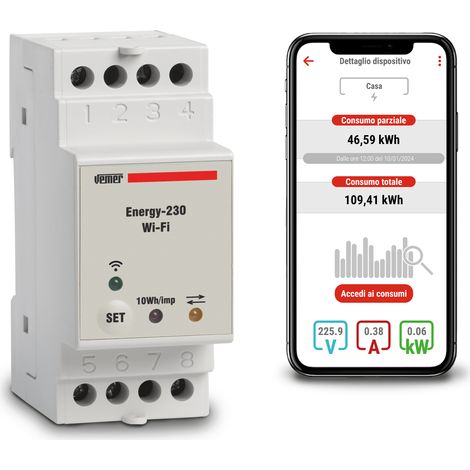 Compteur d'énergie WiFi monophasé VE794600 – Alimentation 230V AC – Courant 40A – Contrôle via application mobile – Vemer