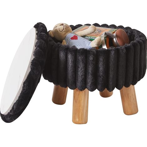 Tabouret Petit modèle, Repose-Pieds en Velours avec Pieds en Bois, Pouf Rond Repose-Pieds avec Assise Rembourrée, Petite Table, pour Entrée, Salon, Noir YD-JD153B (1/5)