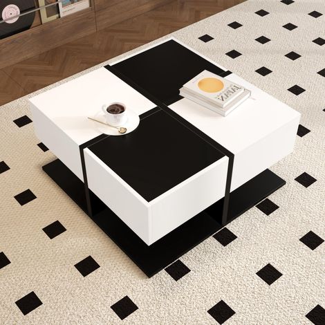 Moderner Couchtisch Schwarz Weiß 70×70×35,5 cm mit 2 Schubladen, Quadratischer Wohnzimmertisch mit Stauraum, Hochglanz Kaffeetisch mit Sanftem Schubladenschienen (1/5)