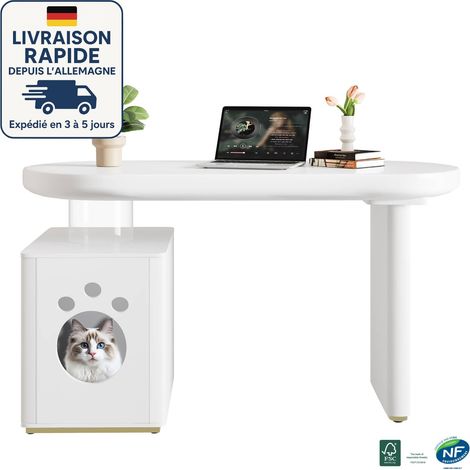 Bureau droit blanc - 117 x 50 x 76 cm, entièrement peint, avec des courbes arrondies et des pieds de 5 cm d'épaisseur, adapté aux animaux de compagnie de taille M à XL (1/5)
