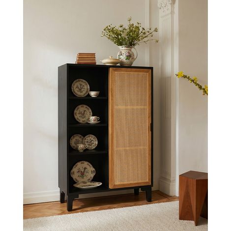 Noma - Petite armoire en bois, cannage et métal noir (1/5)
