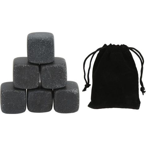 Galets de whisky en basalte avec sac de rangement, lot de 6 pierres réutilisables pour refroidir whisky, cognac, vin, boissons, idéal cadeau (1/5)