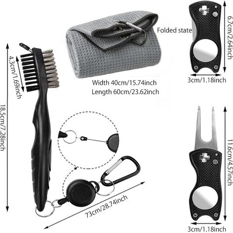 Kit de nettoyage de clubs 3 pièces comprenant une serviette, une brosse, un outil de réparation de divots et un marque-balle. Accessoires inclus. (1/5)