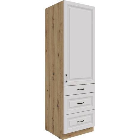 Küchen Hochschrank 60 cm mit Schubladen Stilo Weiss + Eiche Artisan Küchenzeile Küchenblock Einbauküche Landhaus Küche (1/5)