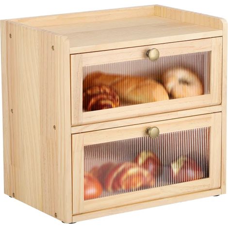 Boîte à pain double en bois – Grand rangement à pain 2 niveaux avec poignée en bois et hublot transparent, aération intégrée et fermeture magnétique (1/5)