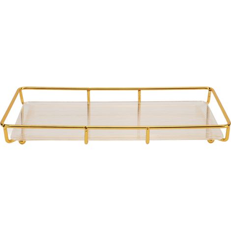Plateau de salle de bain en acier inoxydable et acrylique, design minimaliste moderne, gain de place, étagère de salle de bain, plateau pour cosmétiques et articles ménagers, doré, simple niveau, peti (1/5)