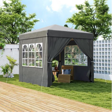 Carpa plegable pop-up 2,5x2,5 m de poliéster gris oscuro con 4 paneles laterales UV 50+ (1/5)