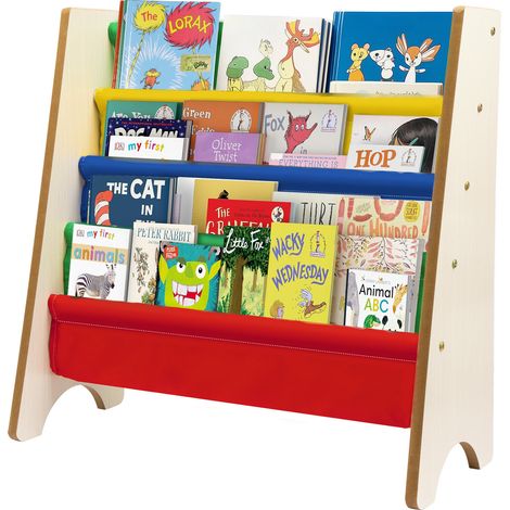 4 Tier Children's Bookcase Childrens Bookshelf Wooden Rainbow Kids Sling Storage Child Bookcase Shelf with Soft Canvas for Book Storage 61 60 26.5CM (1/5)
