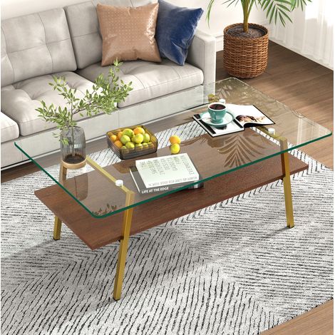 Mesa de centro 98x58x42,5 cm de vidrio templado y MDF rosa y dorado, con almacenaje FloraGrace (1/5)