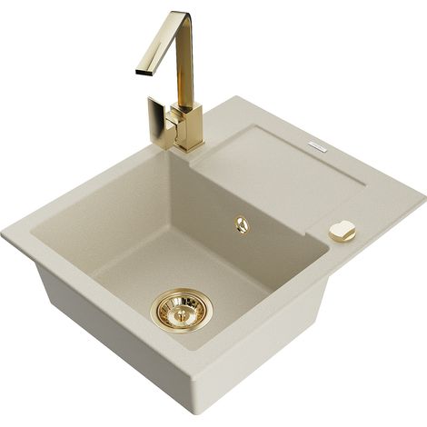 Mexen Enzo fregadero de granito de 1 seno con escurridor y grifo de cocina Rita, beige - 6506-69-670300-50