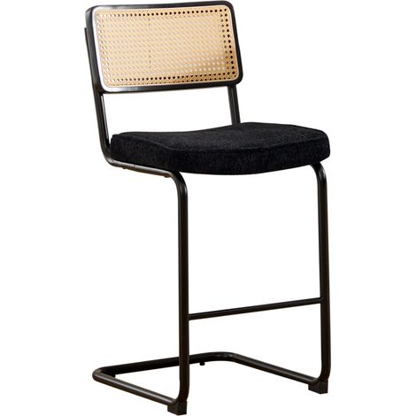 Lot de 2 tabourets de bar modernes sans accoudoirs, assise en tissu chenille, dossier bois avec motif rotin, pieds métal laqué noir (1/5)