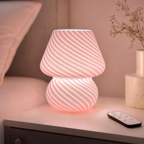 Lampe de table en verre à motif spiralé, rétro et élégante. Variateur d'intensité et température 3000K-6500K via télécommande IR. Hauteur 19cm (1/4)