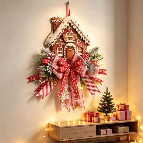 Décoration de porte Noël maison en pain d'épices avec nœud ruban 50 × 35 cm (1/5)