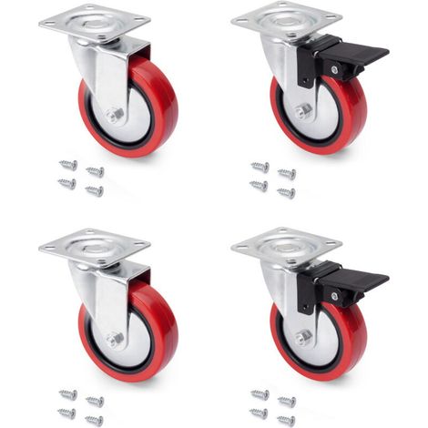 Emuca Lot de 4 roulettes Slip 2 Red avec plétine de montage, diamètre 75mm, Acier et Plastique (1/5)