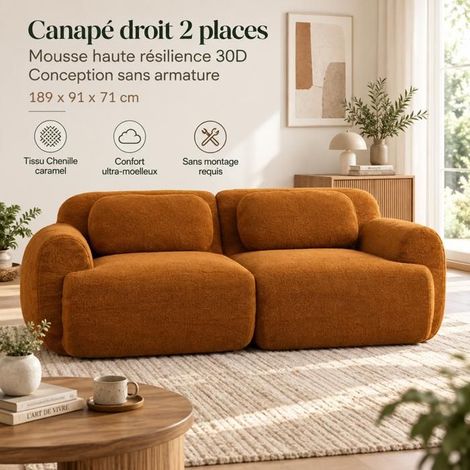 Petit Canapé 189x91x71cm Modulable Tissu Chenille - Canapé 2 Places - Sans Cadre Mousse 30D Idéal Animaux Antidérapant Caramel (1/5)