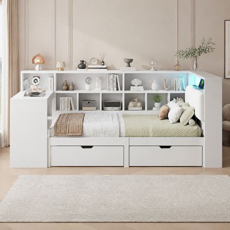 Cama plataforma en L 90x200 cm de MDF blanco con escritorio, librería y LED - CHICFURN (1/5)