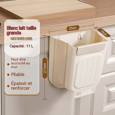 Poubelle de cuisine murale pliable grand format 11 L, grande ouverture 25 cm, plastique épais résistant