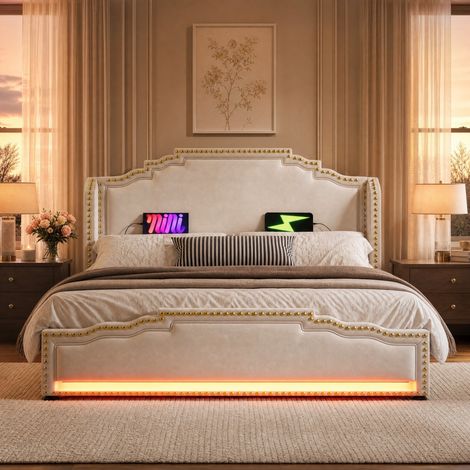 Letto matrimoniale 160x200 cm, con 4 cassetti, con luce LED, USB e Type-C, rete a doghe, in velluto beige, senza materasso (1/5)