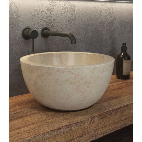 Lavabo bagno design a ciotola in marmo colore crema 40cm Litos-LC40 kamalu (1/2)