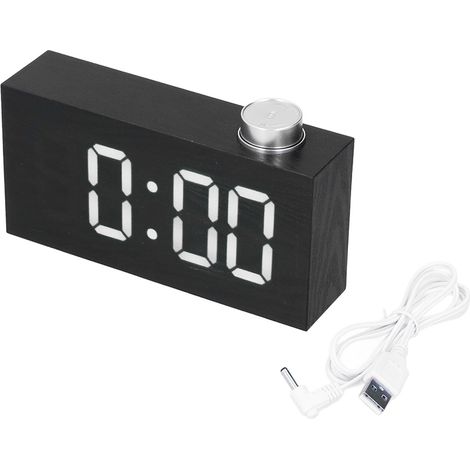 Réveil numérique LED de bureau avec port USB, thermomètre électronique et finition imitation bois blanc (1/5)