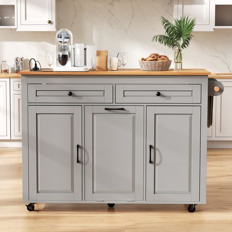 Îlot de cuisine gris avec roulettes table extensible plan de travail prise intégrée compartiment poubelle meuble cuisine multifonction (1/5)