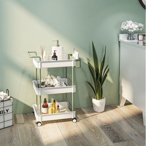 Carrito auxiliar de baño 50x29,4x77 cm blanco con 3 estantes, ruedas y cesta colgante (1/5)