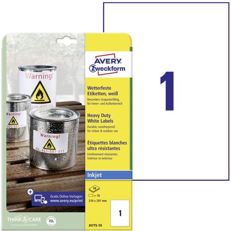 Etiquette plastique Avery-Zweckform J4775-10 210 x 297 mm film de polyester blanc 10 pc(s) fixation permanente