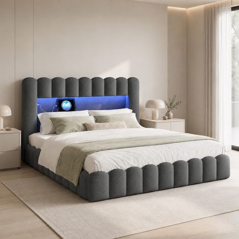 Lit double rembourrée 180x200cm avec sommier à lattes, lit coffre avec rangement hydraulique, LED & USB, lin gris (1/5)