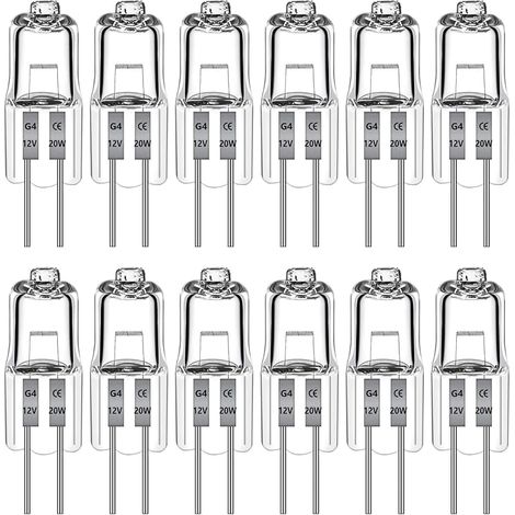 Lot de 12 ampoules halogènes G4 20 W 12 V, ampoules G4 20 W 12 V à capsule transparente à 2 broches, à intensité variable, blanc chaud 2700 K, pour lustres, éclairage intérieur, éclairage de cuisine