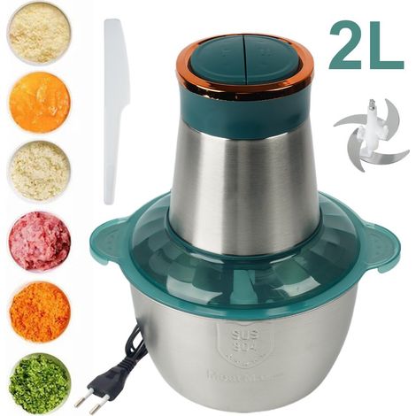 Hachoir Électrique Avec Bol Acier Inox 2L, Hachoir à Viande 300W Avec 4 Lames En Inox,Robot Mixeur Petit Avec 2 Niveaux De Vitesse,Pour Hacher Viande, Oignon,Oeufs, Jus D'orange, Pâte (2L)