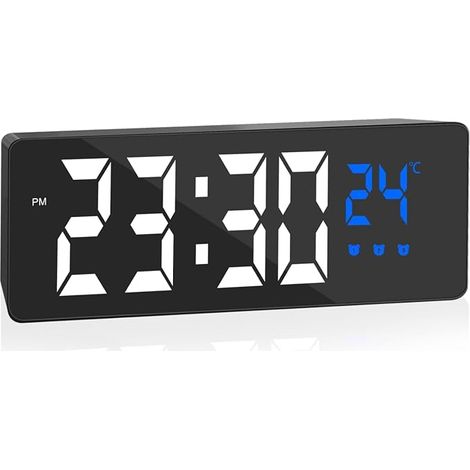 Reloj despertador digital con pantalla grande y brillante, indicador de temperatura, función USB para mesita de noche y 3 modos de repetición de alarma (carcasa negra con números blancos y azules). (1/5)