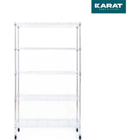 Gitterregal mit Rollen Maya 5 Böden Für Wohnzimmer, Bad oder Keller 89 x 34 x 150 cm Verchromt