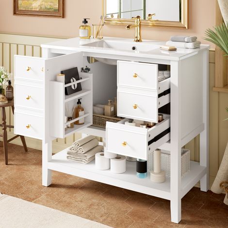 91x46,5x89 cm Meuble de Salle de Bain avec Vasque Céramique, Rangement Quotidien pour Famille, Blanc (1/5)