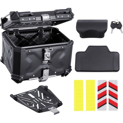 VEVOR Top case moto universel en alliage dealu avec doublure en cuir, coffre arriere moto amovible etanche 45 L, serrure et coussin de dossier, boite superieure de moto, pour 99 % des cadres de moto (1/5)