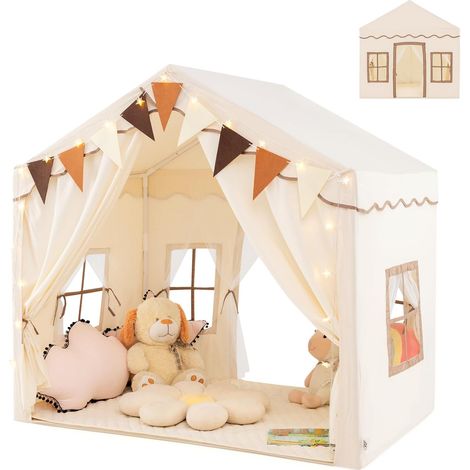 COSTWAY Tente de Jeux Enfant avec 2 Portes Ouvrantes, Cabane Enfant Intérieure avec Guirlandes Lumineuses Étoiles & Fanions à Carreaux, Tapis Lavable, Maison de Jeux pour 3-4 Enfants de 3 Ans+ (1/5)