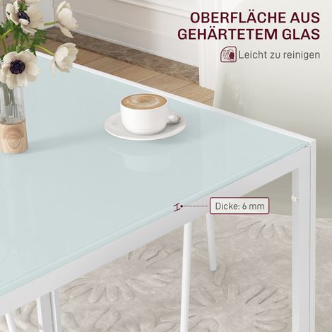 Table carrée 4 places en verre trempé blanc, 75x75x75 cm, pour cuisine et salle à manger