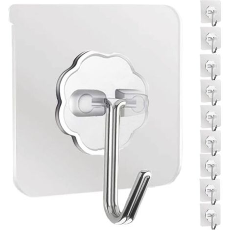 Patères murales, lot de 10, robustes, auto-adhésives, transparentes, pour cuisine, salle de bain, bureau, dressing, porte-manteaux, porte-serviettes, porte-clés - (1/5)
