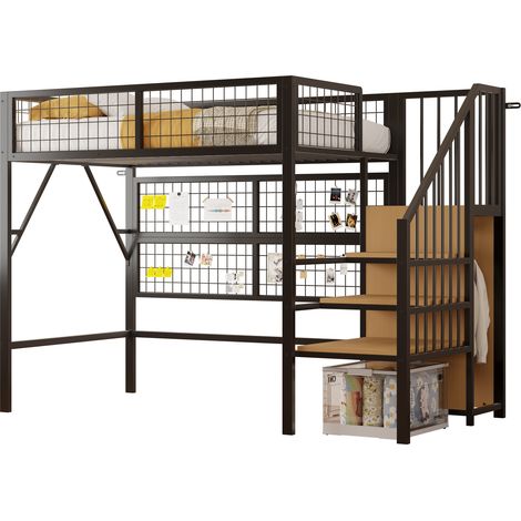 Cama Alta 90 x 200 cm, Cama Individual con Escalera con Almacenaje, Armario Abierto y LED, sin Colchón (1/5)